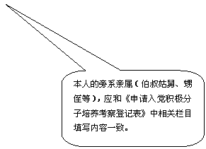 圆角矩形标注: 本人的旁系亲属（伯叔姑舅、甥侄等），应和《申请入党积极分子培养考察登记表》中相关栏目填写内容一致。